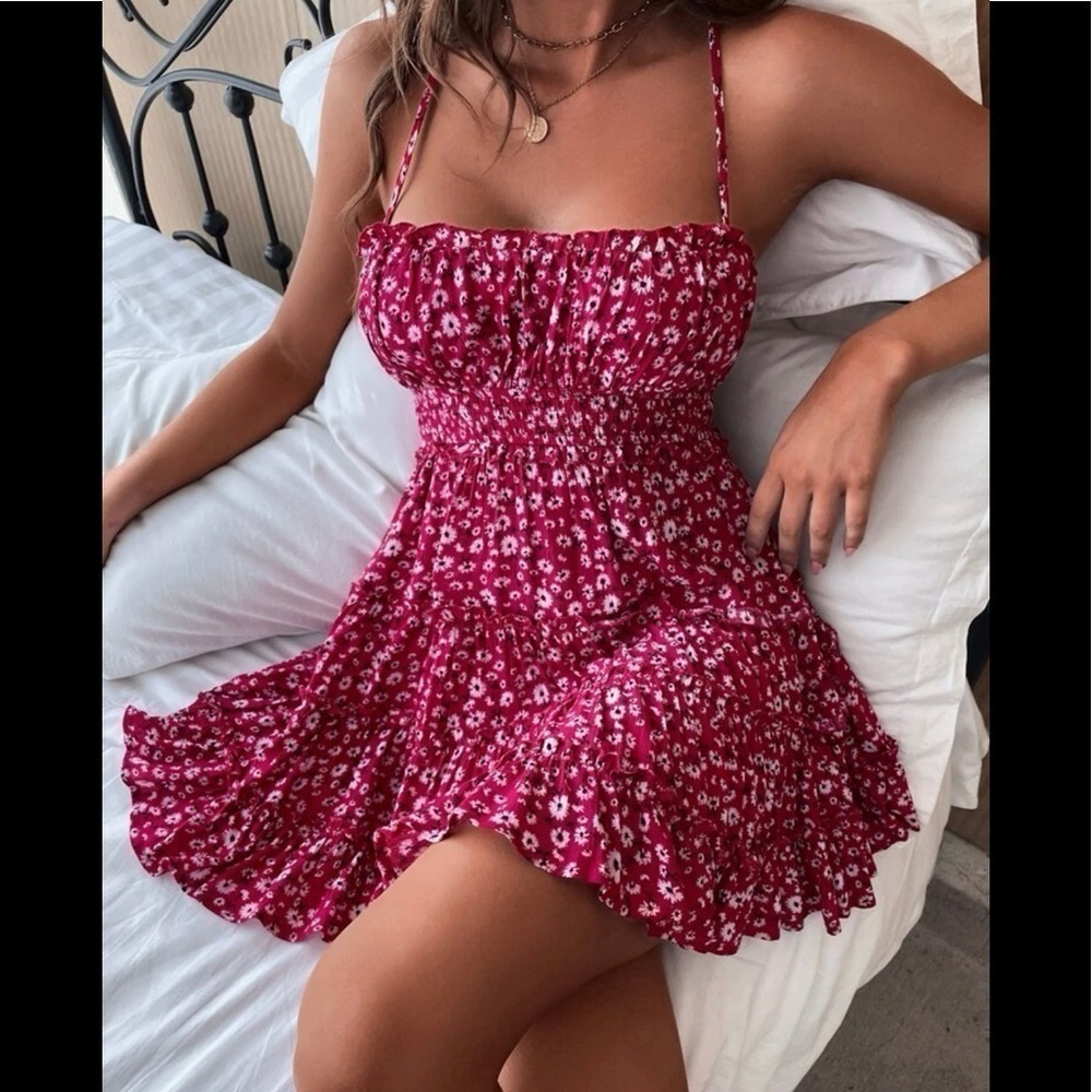 Floral Cross Back Mini Dress – Burgundy Pink Summer Dress